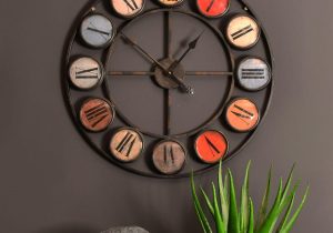 Wall Clock - Round - Iron - Roman Numerals - Coloured Domed Glass