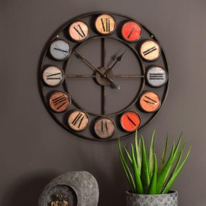 Wall Clock - Round - Iron - Roman Numerals - Coloured Domed Glass