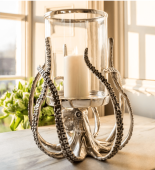 Octopus Hurricane Lantern - Hammered Chrome Metal - Glass Holder