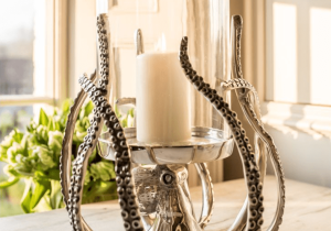 Octopus Hurricane Lantern - Hammered Chrome Metal - Glass Holder
