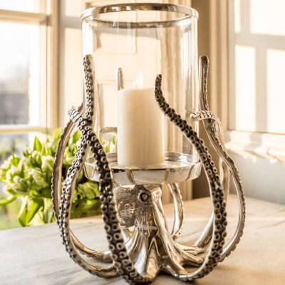 Octopus Hurricane Lantern - Hammered Chrome Metal - Glass Holder
