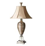 Table Lamp - Chrome & Glass Base - Bronze Silk Round Shade