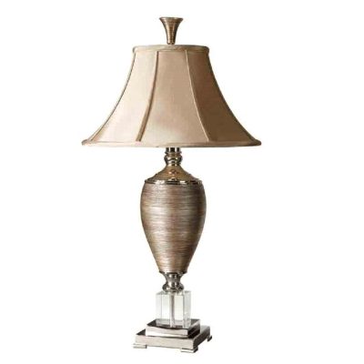 Table Lamp – Chrome & Glass Base – Bronze Silk Round Shade