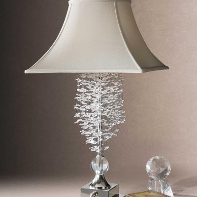 Table Lamp - Chrome - Crystal Dangling Design - Champagne Silk Square Shade