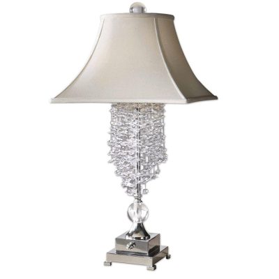 Table Lamp – Chrome – Crystal Dangling Design – Champagne Silk Square Shade
