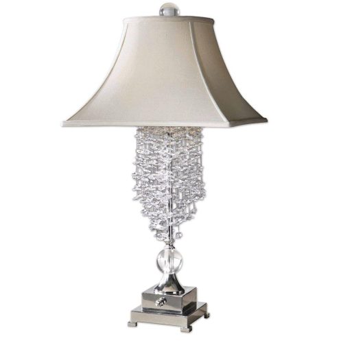 Table Lamp – Chrome – Crystal Dangling Design – Champagne Silk Square Shade