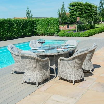 6 Seat Oval Garden Dining Set – Inset Fire Pit – Heritage Chairs – Grey Polyrattan