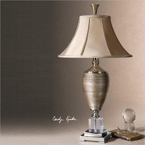 Table Lamp - Chrome & Glass Base - Bronze Silk Round Shade