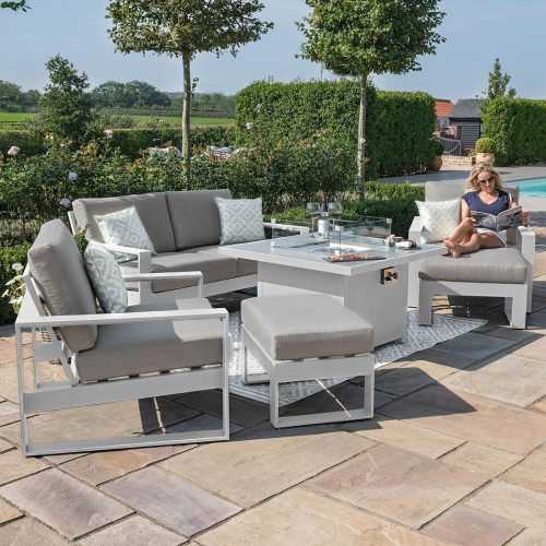 2 Seat Sofa Set - Fire Pit Table - 2 Armchairs All Weather Fabric - White Surround