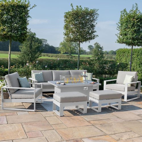 5 Seat Sofa Set - Fire Pit Table - 2 Bench's 2 Chairs - All Weather Fabric - White Surround