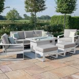 5 Seat Sofa Set - Fire Pit Table - 2 Bench's 2 Chairs - All Weather Fabric - White Surround