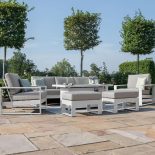 5 Seat Sofa Set - Fire Pit Table - 2 Bench's 2 Chairs - All Weather Fabric - White Surround