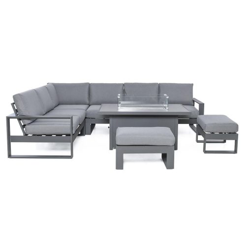 6 Seat Corner Sofa Set - Fire Pit Table - 2 Bench's - All Weather Fabric - Grey Surround