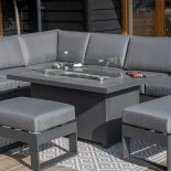 6 Seat Corner Sofa Set - Fire Pit Table - 2 Bench's - All Weather Fabric - Grey Surround