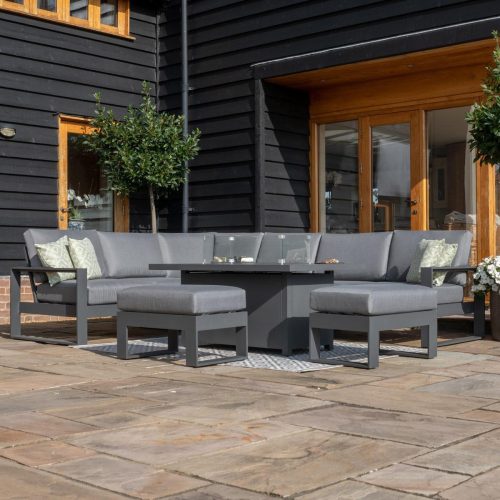 6 Seat Corner Sofa Set - Fire Pit Table - 2 Bench's - All Weather Fabric - Grey Surround