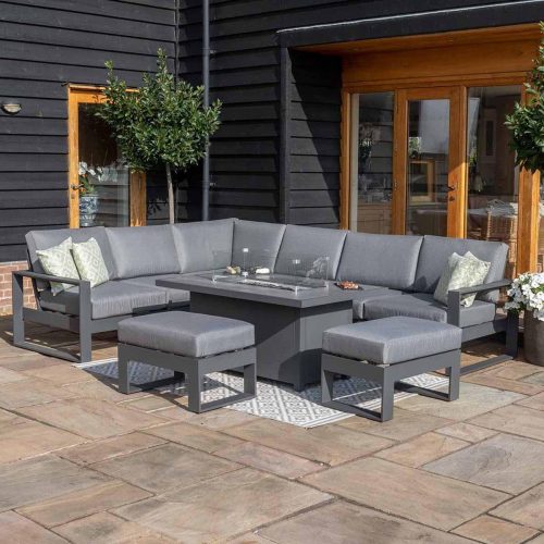 6 Seat Corner Sofa Set - Fire Pit Table - 2 Bench's - All Weather Fabric - Grey Surround