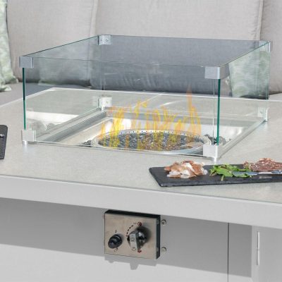 5 Seat Corner Fire Pit Table Set – All Weather Grey Fabric – White Surround