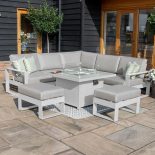 5 Seat Corner Sofa Set - Fire Pit Table - 2 Bench's - All Weather Fabric - White Surround