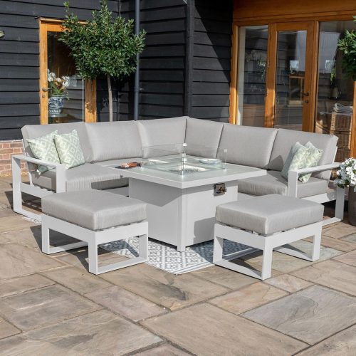 5 Seat Corner Sofa Set - Fire Pit Table - 2 Bench's - All Weather Fabric - White Surround