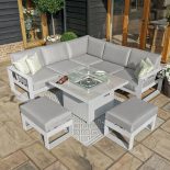 5 Seat Corner Sofa Set - Fire Pit Table - 2 Bench's - All Weather Fabric - White Surround