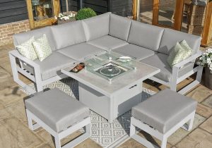 5 Seat Corner Sofa Set - Fire Pit Table - 2 Bench's - All Weather Fabric - White Surround