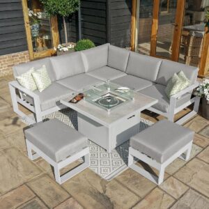 5 Seat Corner Sofa Set - Fire Pit Table - 2 Bench's - All Weather Fabric - White Surround