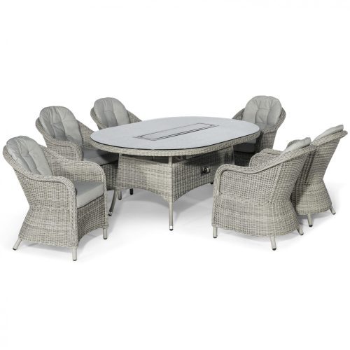 KIT-OX-180-OFP-HC - 6 Seat Oval Garden Dining Table Set - Inset Fire Pit - Heritage Chairs - Grey Polyrattan