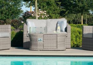 4 Seater Garden Fire Pit Sofa Set - Fire Pit Coffee Table - 2 Chairs - Grey Poly Weave