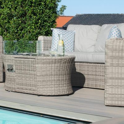 4 Seater Garden Fire Pit Sofa Set – Fire Pit Coffee Table – 2 Chairs – Grey Poly Weave
