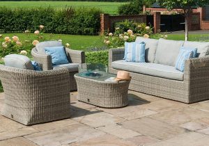 5 Seater Garden Fire Pit Sofa Set - Fire Pit Coffee Table - 2 Chairs - Grey Poly Weave