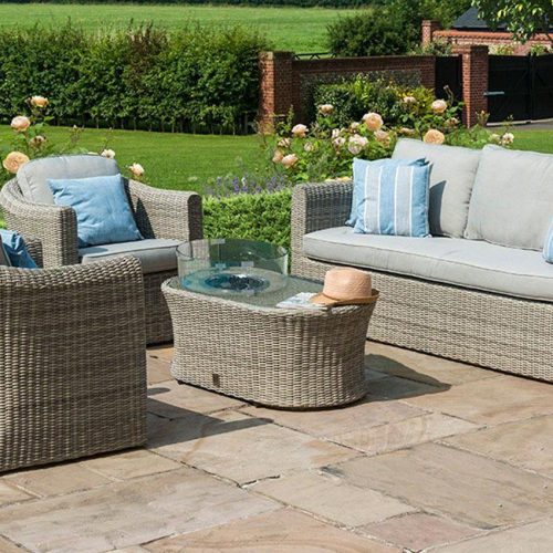 5 Seater Garden Fire Pit Sofa Set - Fire Pit Coffee Table - 2 Chairs - Grey Poly Weave