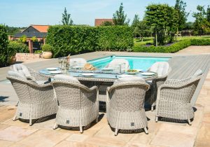 KIT-OX-230-OFP-HC - 8 Seat Oval Fire Pit Garden Dining Set - Grey Polyweave - Heritage Chairs
