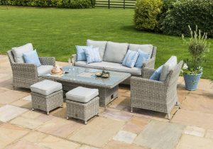 OXF-V-205514 - 3 Seat Sofa Dining Set - Rising Table - 2 Armchairs - Ice Bucket - Grey Polyrattan