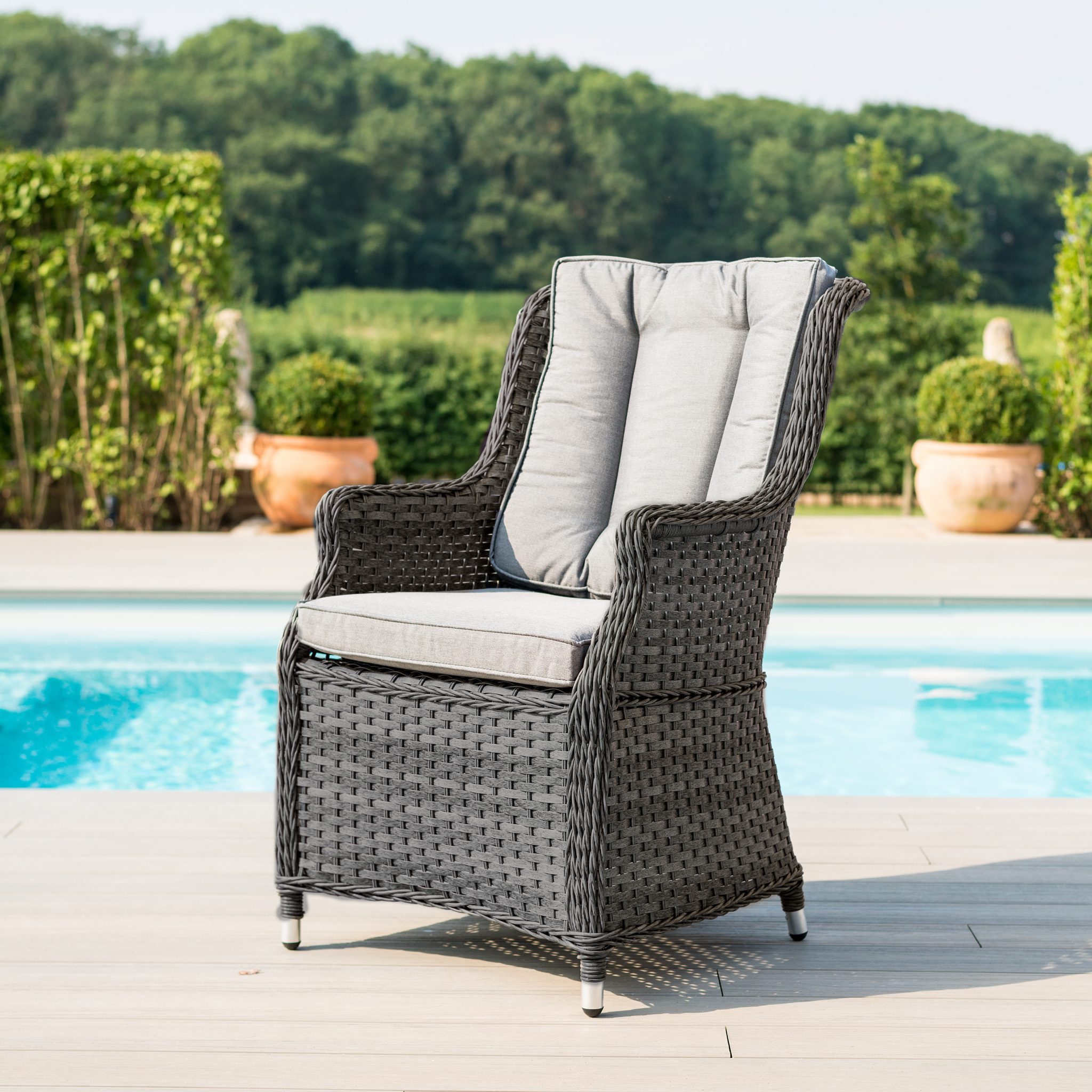 Round Garden Dining Set - 4 High Back Chairs - Grey Cushions - Grey