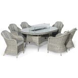 6 Seat Oval Garden Dining Set - Inset Fire Pit - Heritage Chairs - Grey Polyrattan