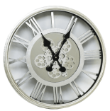 Wall Clock - Round Skeleton Design - Moving Centre Cogs - Silver Finish