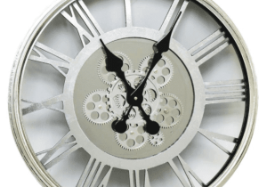 Wall Clock - Round Skeleton Design - Moving Centre Cogs - Silver Finish