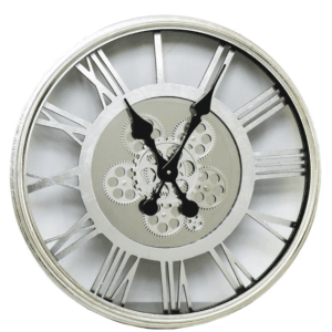 Wall Clock - Round Skeleton Design - Moving Centre Cogs - Silver Finish