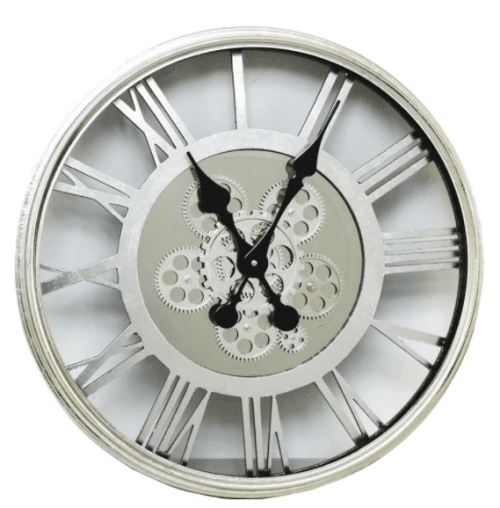 Wall Clock - Round Skeleton Design - Moving Centre Cogs - Silver Finish