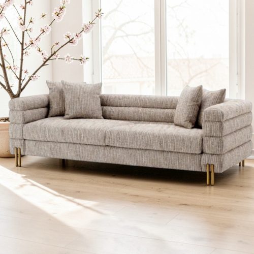 4 Seater Deep Ribbed Sofa – Brushed Brass Legs – Mademoiselle Beige