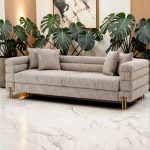 4 Seater Deep Ribbed Sofa - Brushed Brass Legs - Mademoiselle Beige