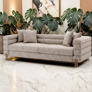 4 Seater Deep Ribbed Sofa - Brushed Brass Legs - Mademoiselle Beige