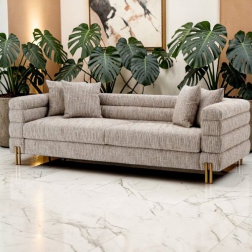 4 Seater Deep Ribbed Sofa - Brushed Brass Legs - Mademoiselle Beige