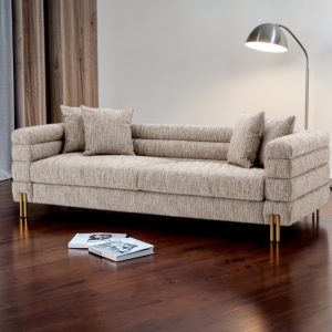 4 Seater Deep Ribbed Sofa - Brushed Brass Legs - Mademoiselle Beige