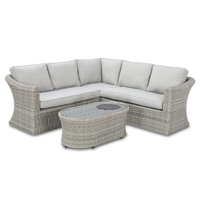 4 Seater Corner Garden Fire Pit Sofa Set – Fire Pit Coffee Table – Grey Poly Weave