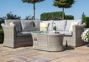 4 Seater Corner Garden Fire Pit Sofa Set - Fire Pit Coffee Table - Grey Poly Weave