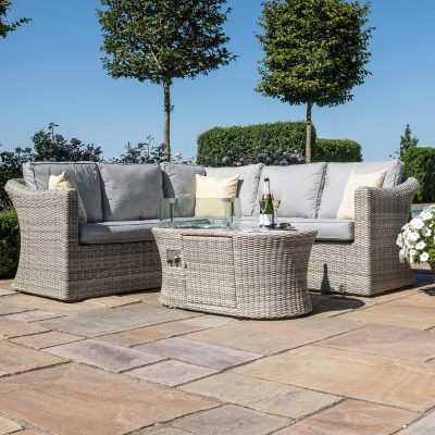 4 Seater Corner Garden Fire Pit Sofa Set - Fire Pit Coffee Table - Grey Poly Weave