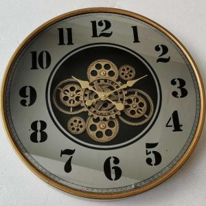 Wall Clock - Round - Centre Moving Cogs - Champagne Gold & Mirrored Finish