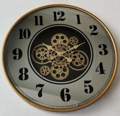 Wall Clock - Round - Centre Moving Cogs - Champagne Gold & Mirrored Finish