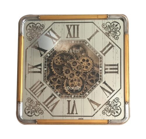 Wall Clock - Square Moving Cogs - Champagne Gold & Silver Finish